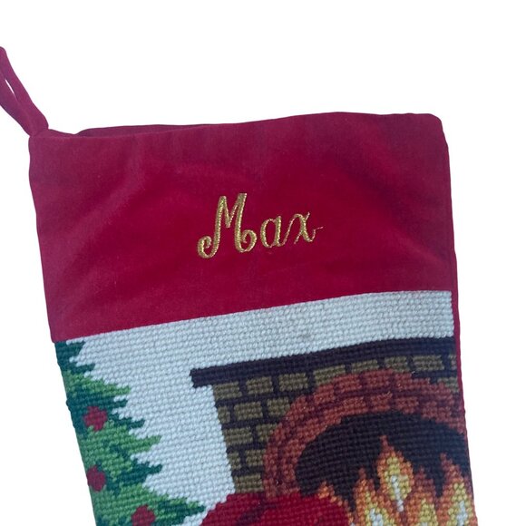 Vintage Needlepoint Christmas Stocking Yellow Lab Doodle Dog Monogram Max - Picture 2 of 7